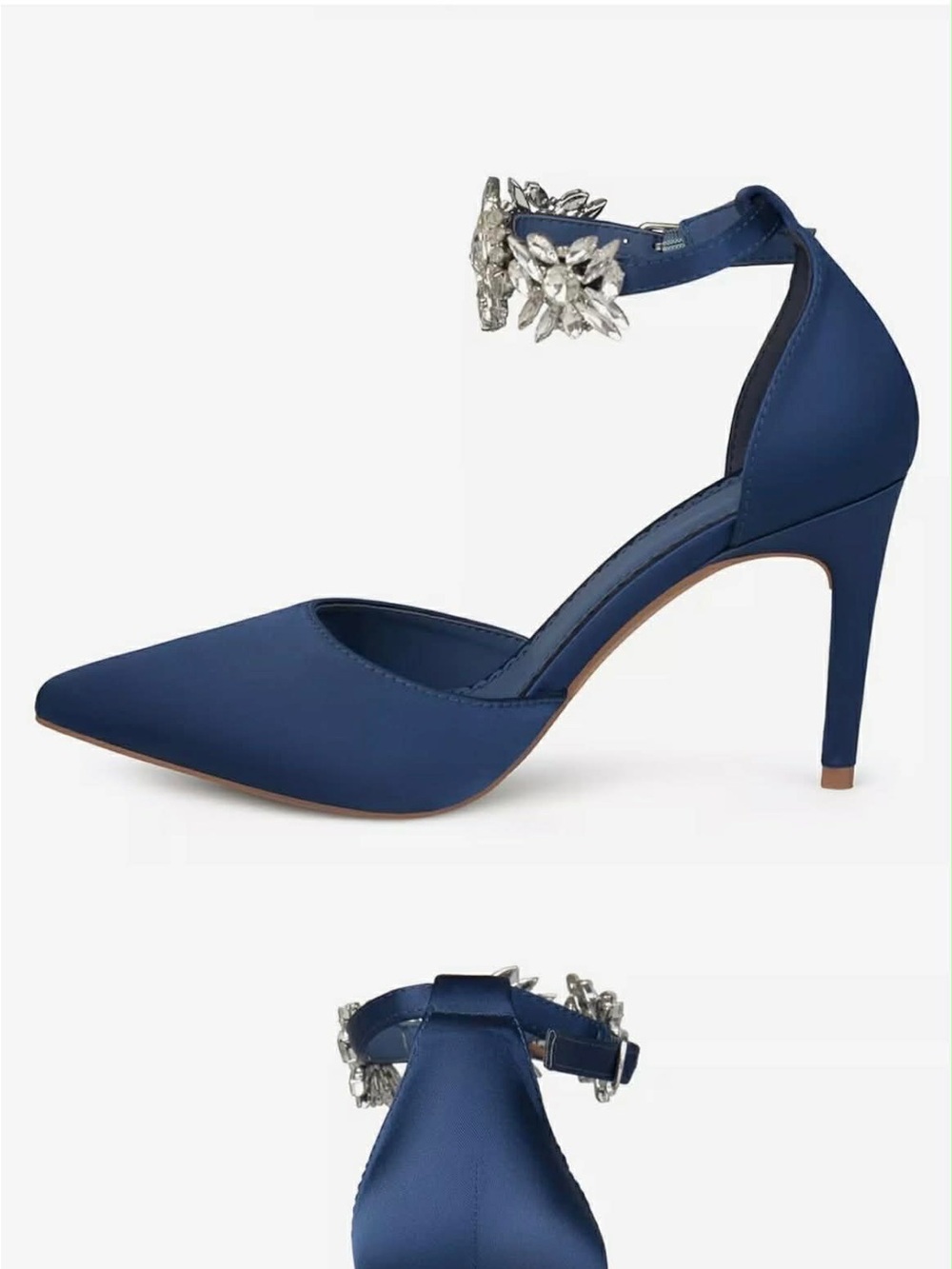 New, Navy Pointed-Toe Ankle-Strap Stiletto Heels with Crystal Accent